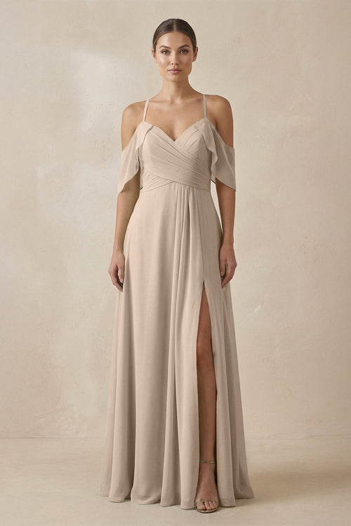 Chiffon A - Line Long Bridesmaid Dress in Almond - SHE IS ME Bridesmaid Dresses