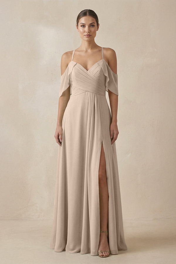 Chiffon A - Line Long Bridesmaid Dress in Almond - KISS BRIDAL Bridesmaid Dresses