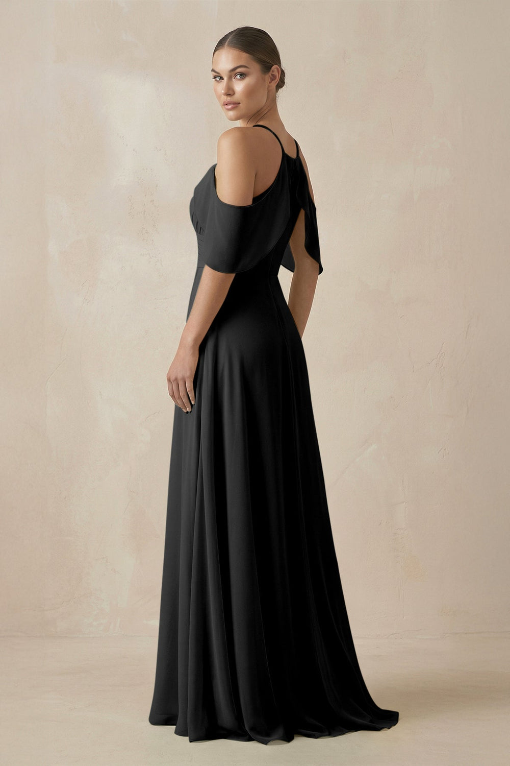 Chiffon A - Line Long Bridesmaid Dress in Black - SHE IS ME Bridesmaid Dresses