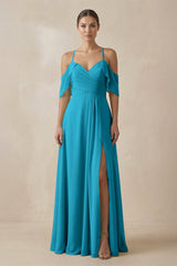 Chiffon A - Line Long Bridesmaid Dress in Blue Jay - KISS BRIDAL Bridesmaid Dresses