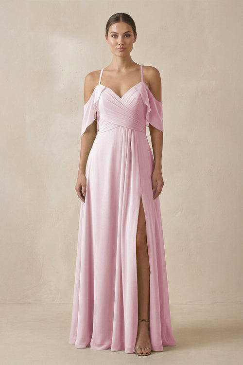 Chiffon A - Line Long Bridesmaid Dress in Candy Pink - SHE IS ME Bridesmaid Dresses