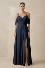 Chiffon A - Line Long Bridesmaid Dress in Dark Navy - KISS BRIDAL Bridesmaid Dresses