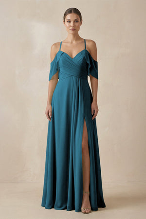 Chiffon A - Line Long Bridesmaid Dress in Dark Teal - SHE IS ME Bridesmaid Dresses