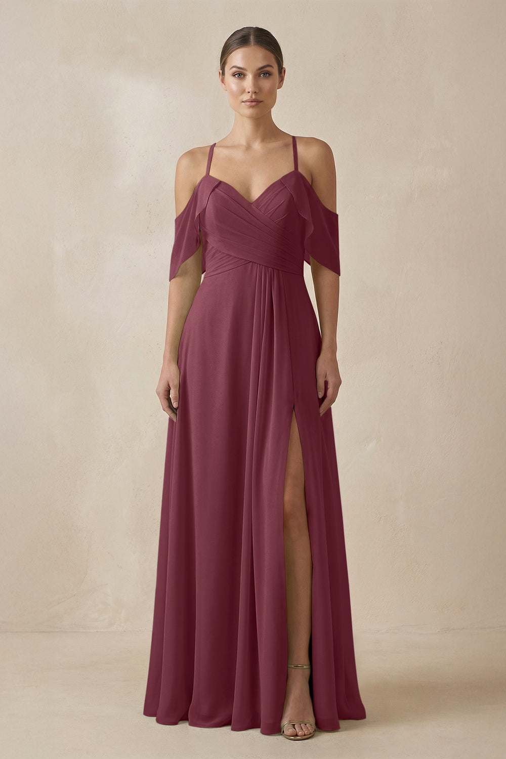 Chiffon A-Line Long Bridesmaid Dress in Desert Rose