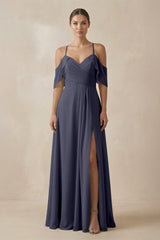 Chiffon A - Line Long Bridesmaid Dress in Dusk Blue - KISS BRIDAL Bridesmaid Dresses