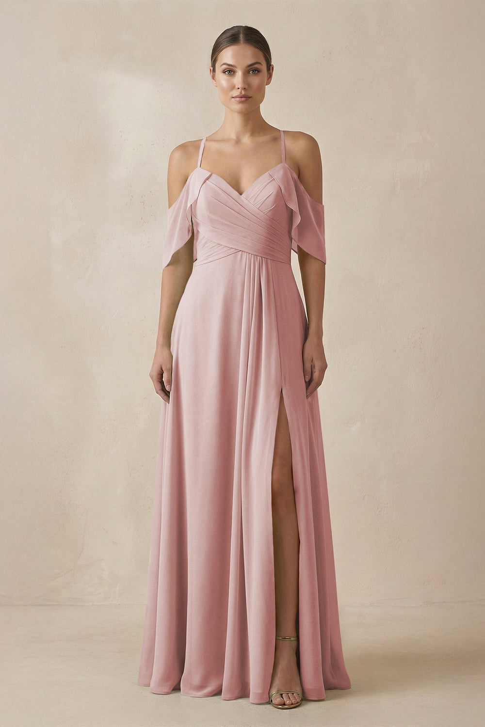 Chiffon A - Line Long Bridesmaid Dress in Dusty Rose - SHE IS ME Bridesmaid Dresses