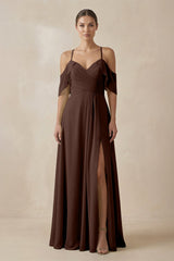 Chiffon A - Line Long Bridesmaid Dress in Espresso - KISS BRIDAL Bridesmaid Dresses