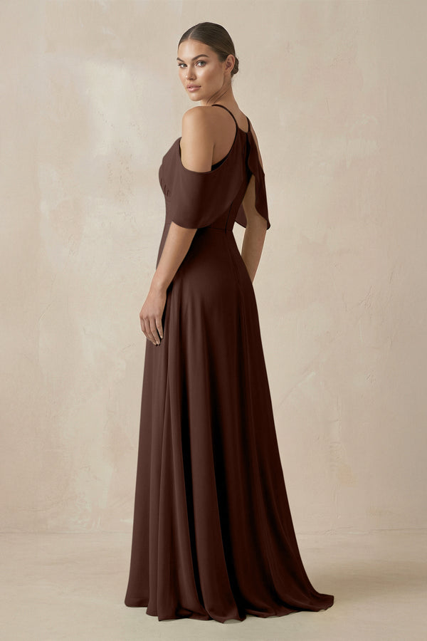 Chiffon A - Line Long Bridesmaid Dress in Espresso - SHE IS ME Bridesmaid Dresses