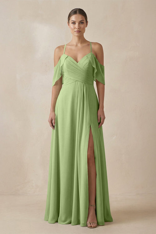 Chiffon A - Line Long Bridesmaid Dress in Matcha - SHE IS ME Bridesmaid Dresses