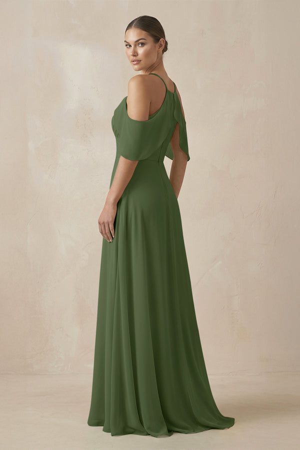 Chiffon A-Line Long Bridesmaid Dress in Moss (2) | KISSBRIDAL