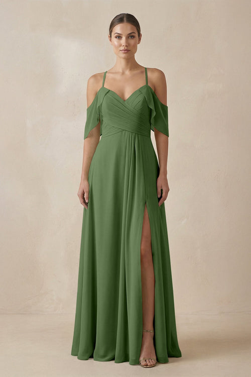 Chiffon A - Line Long Bridesmaid Dress in Moss - SHE IS ME Bridesmaid Dresses