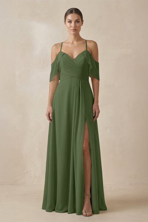 Chiffon A-Line Long Bridesmaid Dress in Moss | KISSBRIDAL