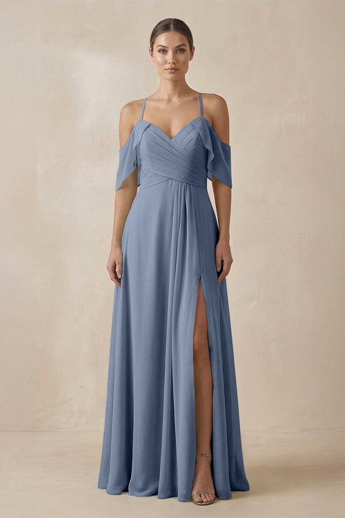 Chiffon A - Line Long Bridesmaid Dress in Neptune - SHE IS ME Bridesmaid Dresses