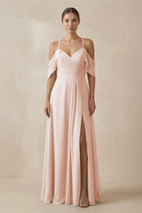 Chiffon A - Line Long Bridesmaid Dress in Pale Blush - KISS BRIDAL Bridesmaid Dresses