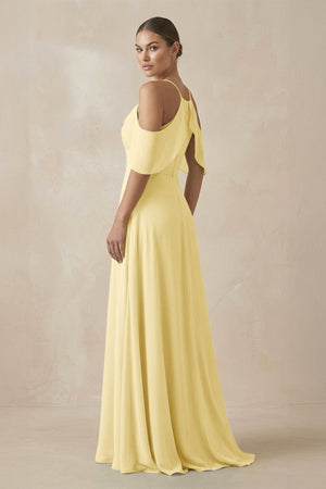 Chiffon A - Line Long Bridesmaid Dress in Pastel Yellow - SHE IS ME Bridesmaid Dresses