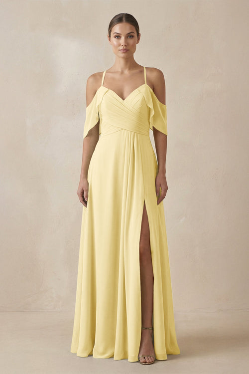 Chiffon A - Line Long Bridesmaid Dress in Pastel Yellow - SHE IS ME Bridesmaid Dresses