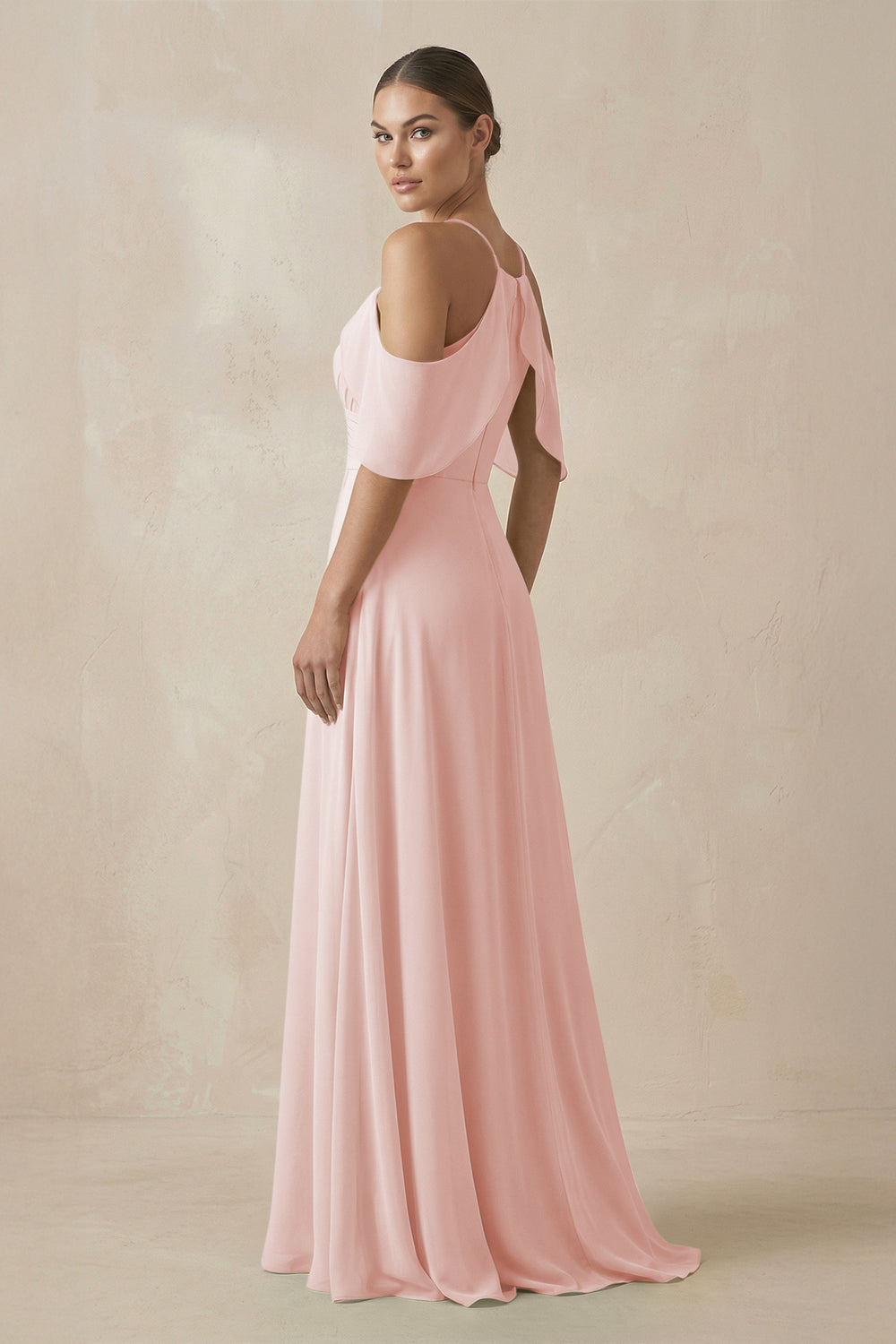 Chiffon A-Line Long Bridesmaid Dress in Rose Petal