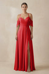 Chiffon A - Line Long Bridesmaid Dress in Ruby Red - KISS BRIDAL Bridesmaid Dresses
