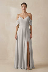 Chiffon A - Line Long Bridesmaid Dress in Silver - KISS BRIDAL Bridesmaid Dresses