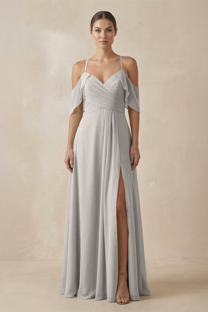 Chiffon A - Line Long Bridesmaid Dress in Silver - SHE IS ME Bridesmaid Dresses