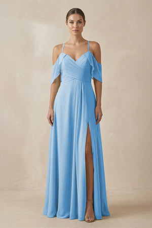 Chiffon A - Line Long Bridesmaid Dress in Steel Blue - SHE IS ME Bridesmaid Dresses