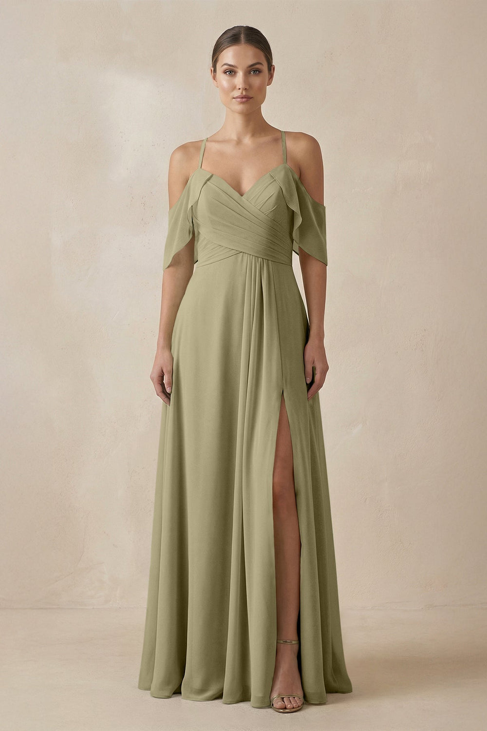 Chiffon A - Line Long Bridesmaid Dress in Thyme - SHE IS ME Bridesmaid Dresses