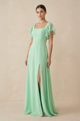 Chiffon A-Line Long Bridesmaid Dress with Flutter Sleeves in Pale Pistachio - KISS BRIDAL BRIDESMAID DRESSES