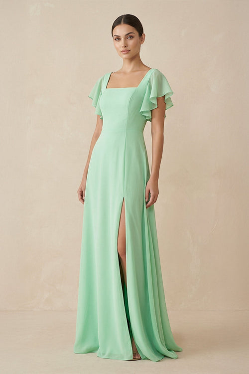 Chiffon A-Line Long Bridesmaid Dress with Flutter Sleeves in Pale Pistachio - SHE IS ME BRIDESMAID DRESSES