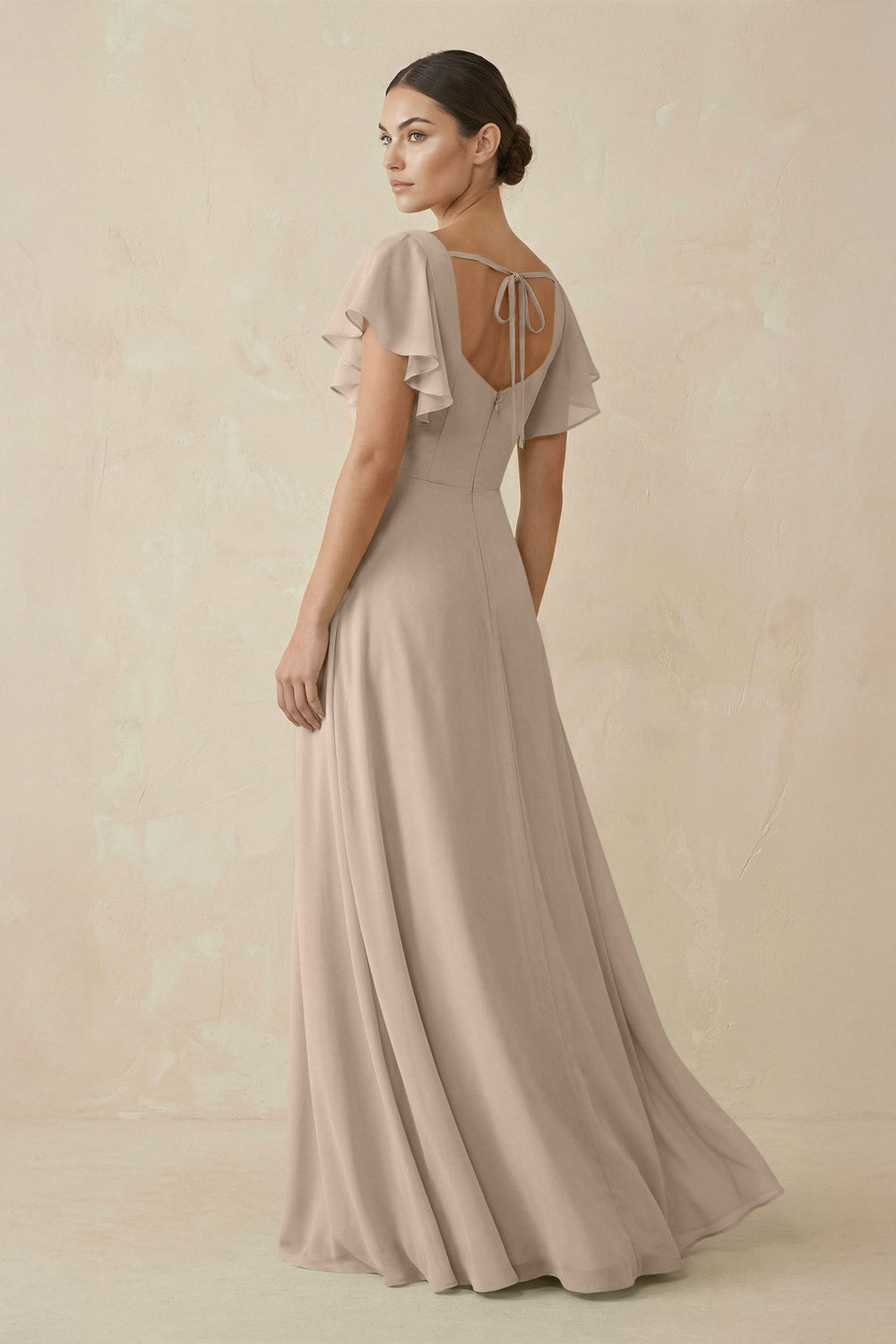 Chiffon A - Line Long Bridesmaid Dress with Flutter Sleeves in Almond - SHE IS ME Bridesmaid Dresses