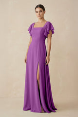Chiffon A - Line Long Bridesmaid Dress with Flutter Sleeves in Amethyst - KISS BRIDAL Bridesmaid Dresses