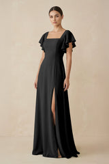 Chiffon A - Line Long Bridesmaid Dress with Flutter Sleeves in Black - KISS BRIDAL Bridesmaid Dresses