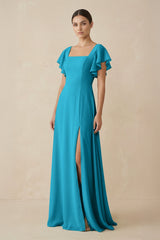 Chiffon A - Line Long Bridesmaid Dress with Flutter Sleeves in Blue Jay - KISS BRIDAL Bridesmaid Dresses