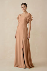 Chiffon A - Line Long Bridesmaid Dress with Flutter Sleeves in Bronzer - KISS BRIDAL Bridesmaid Dresses