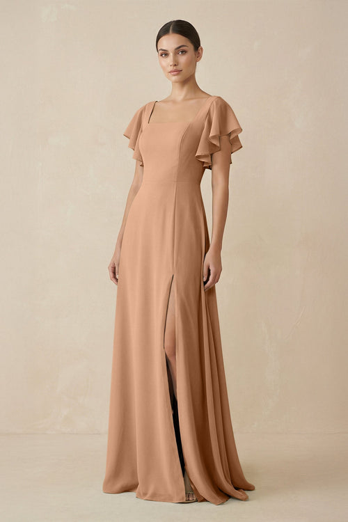 Chiffon A - Line Long Bridesmaid Dress with Flutter Sleeves in Bronzer - SHE IS ME Bridesmaid Dresses