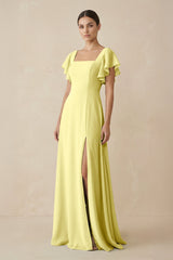 Chiffon A - Line Long Bridesmaid Dress with Flutter Sleeves in Buttercup - KISS BRIDAL Bridesmaid Dresses