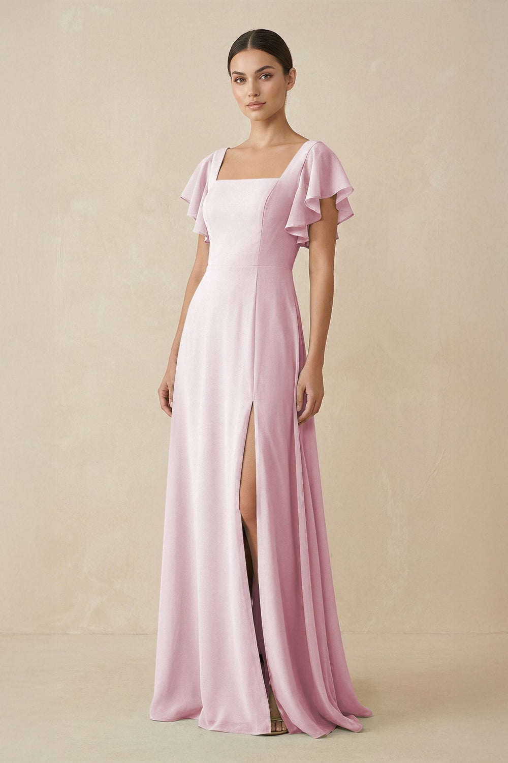 Chiffon A - Line Long Bridesmaid Dress with Flutter Sleeves in Candy Pink - SHE IS ME Bridesmaid Dresses