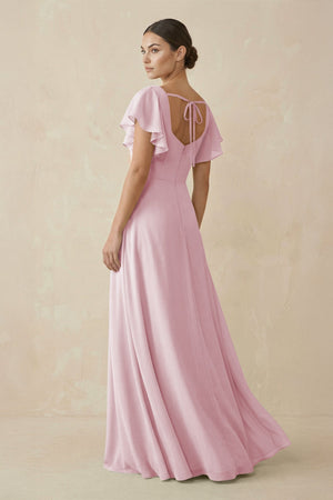 Chiffon A - Line Long Bridesmaid Dress with Flutter Sleeves in Candy Pink - SHE IS ME Bridesmaid Dresses