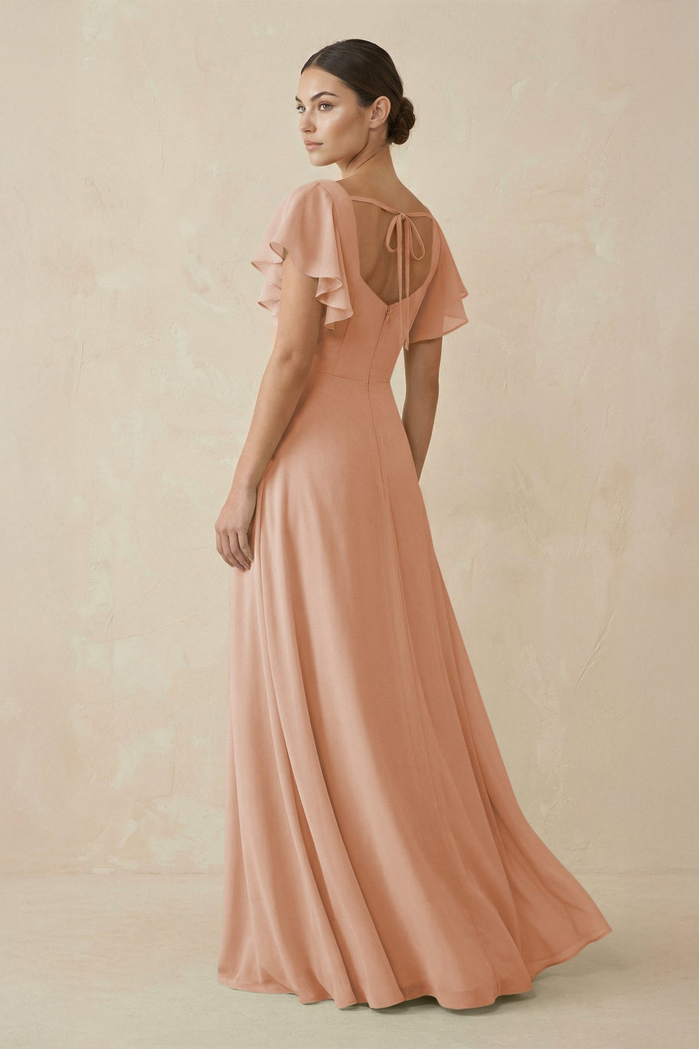 Chiffon A - Line Long Bridesmaid Dress with Flutter Sleeves in Champagne Rose - SHE IS ME Bridesmaid Dresses