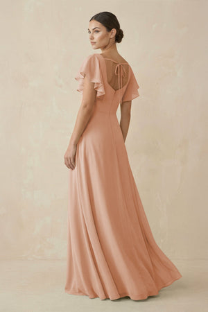 Chiffon A - Line Long Bridesmaid Dress with Flutter Sleeves in Champagne Rose - SHE IS ME Bridesmaid Dresses