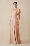 Chiffon A - Line Long Bridesmaid Dress with Flutter Sleeves in Champagne Rose - SHE IS ME Bridesmaid Dresses