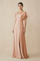 Chiffon A - Line Long Bridesmaid Dress with Flutter Sleeves in Champagne Rose - KISS BRIDAL Bridesmaid Dresses