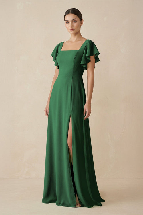 Chiffon A - Line Long Bridesmaid Dress with Flutter Sleeves in Dark Green - SHE IS ME Bridesmaid Dresses