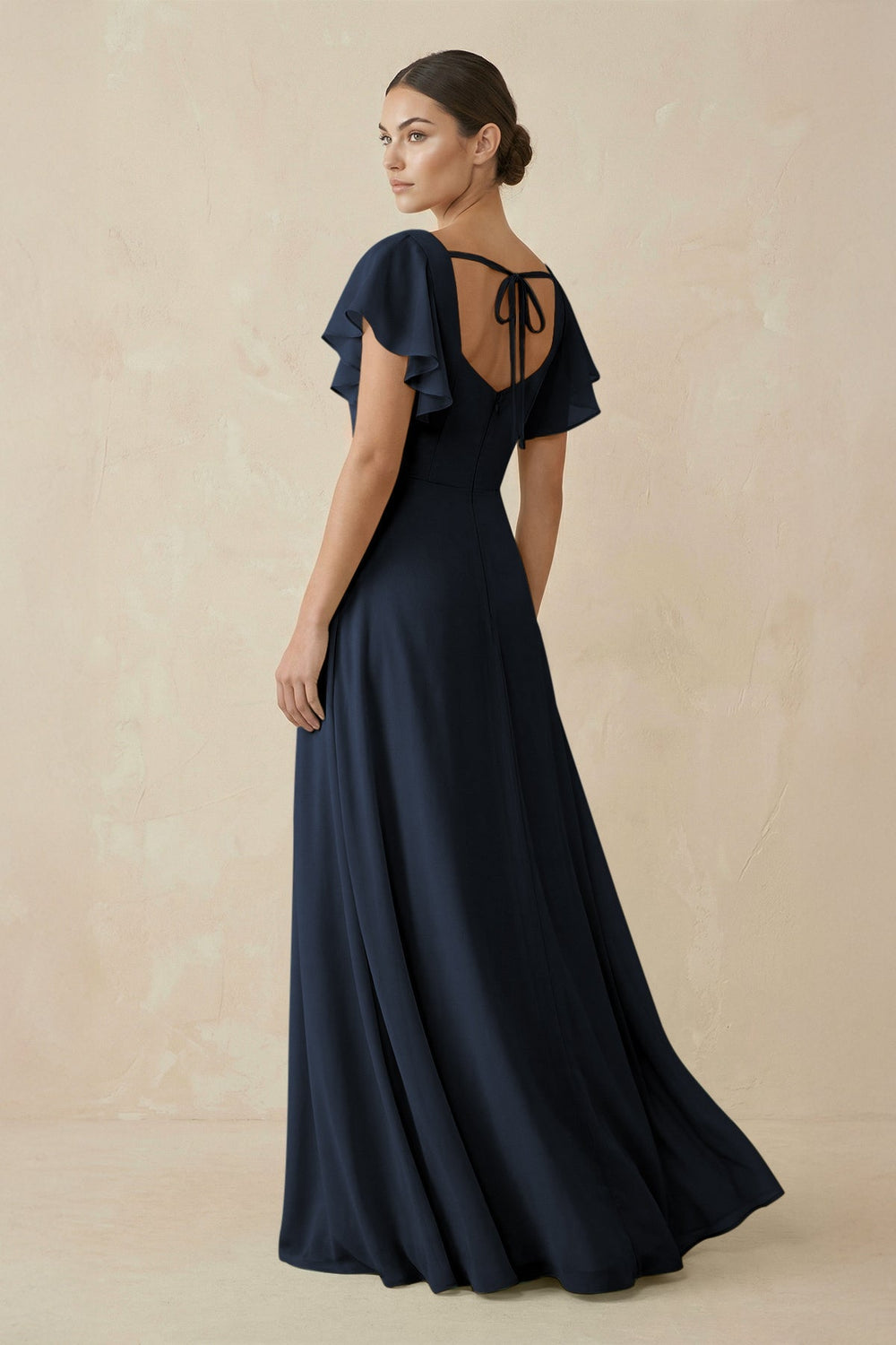 Chiffon A - Line Long Bridesmaid Dress with Flutter Sleeves in Navy - SHE IS ME Bridesmaid Dresses