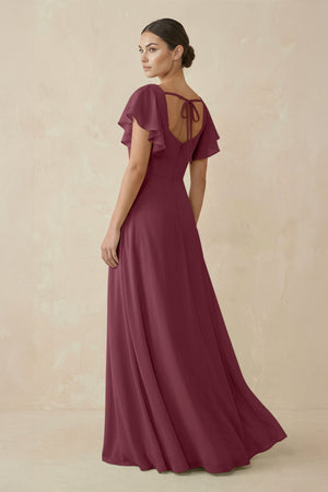 Chiffon A-Line Long Bridesmaid Dress with Flutter Sleeves in Desert Rose (2) | KISSBRIDAL