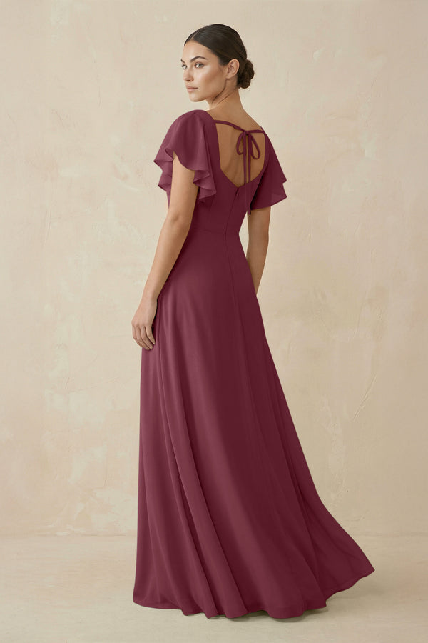 Chiffon A-Line Long Bridesmaid Dress with Flutter Sleeves in Desert Rose (2) | KISSBRIDAL