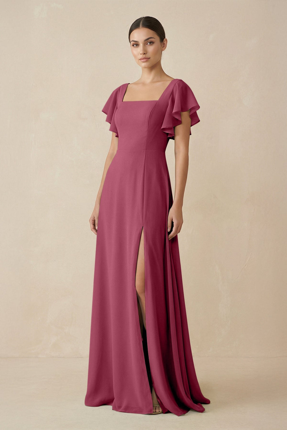 Chiffon A - Line Long Bridesmaid Dress with Flutter Sleeves in Desert Rose - SHE IS ME Bridesmaid Dresses