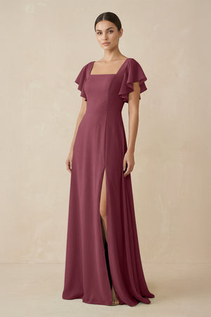 Chiffon A-Line Long Bridesmaid Dress with Flutter Sleeves in Desert Rose | KISSBRIDAL