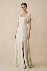 Chiffon A - Line Long Bridesmaid Dress with Flutter Sleeves in Dove Gray - KISS BRIDAL Bridesmaid Dresses