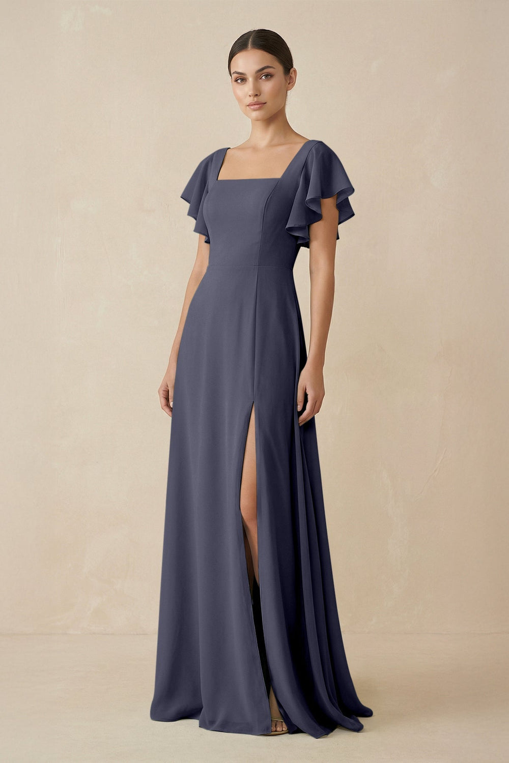 Chiffon A - Line Long Bridesmaid Dress with Flutter Sleeves in Dusk Blue - SHE IS ME Bridesmaid Dresses