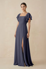 Chiffon A - Line Long Bridesmaid Dress with Flutter Sleeves in Dusk Blue - KISS BRIDAL Bridesmaid Dresses